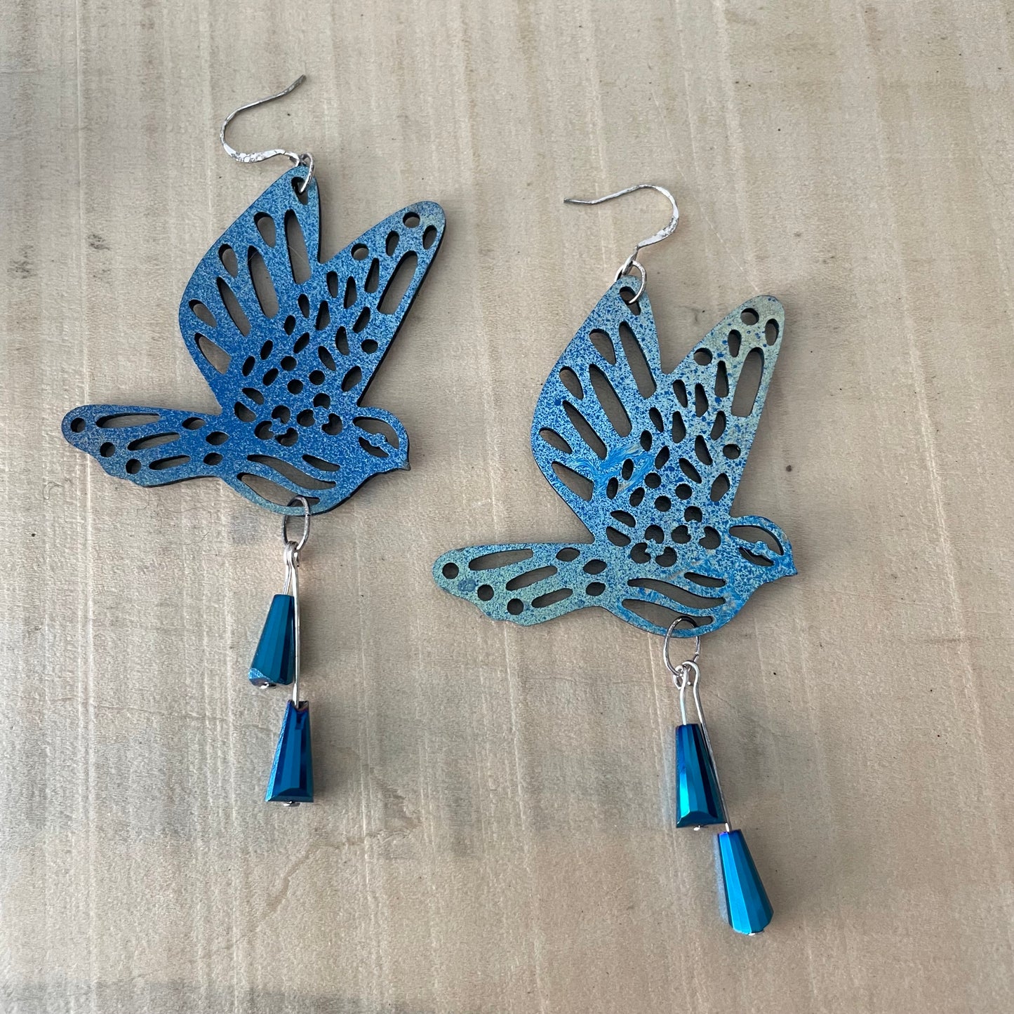 Oversize Laser Cut Bird & Dangling Blue Swarovski Crystal Earrings 4.25" Hand Painted Lightweight Ombre Shiny Blue Yellow Women Gift Idea