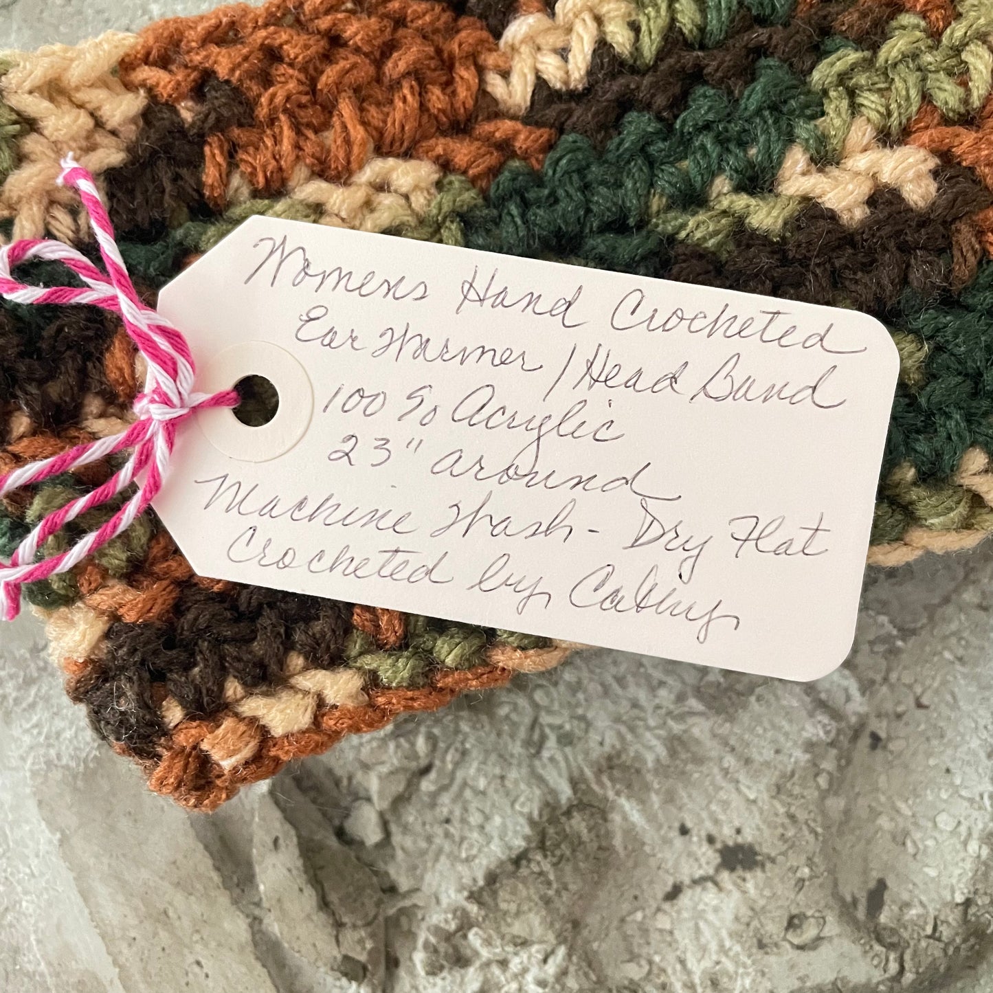 Gift Set Fingerless Gloves & Ear Warmers Brown Green Camouflage Wood Button Accent Knit Fall Winter Handmade 2 Piece Crochet Accessory