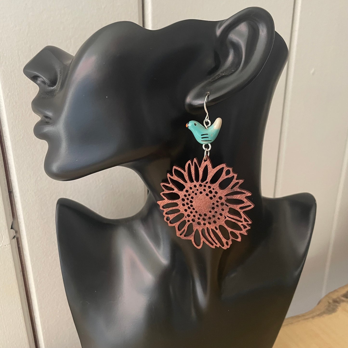Oversize Laser Cut Wood Sunflower & Blue Ceramic Bird Earrings 4" Handmade Lightweight Nature Dark Brown Women Gift Idea