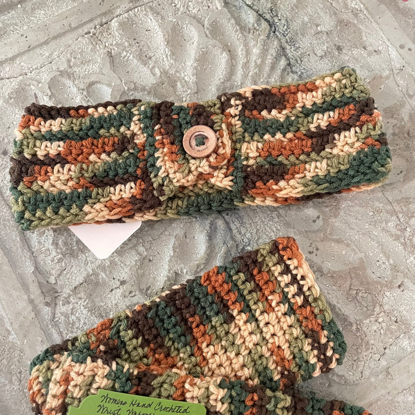 Gift Set Fingerless Gloves & Ear Warmers Brown Green Camouflage Wood Button Accent Knit Fall Winter Handmade 2 Piece Crochet Accessory