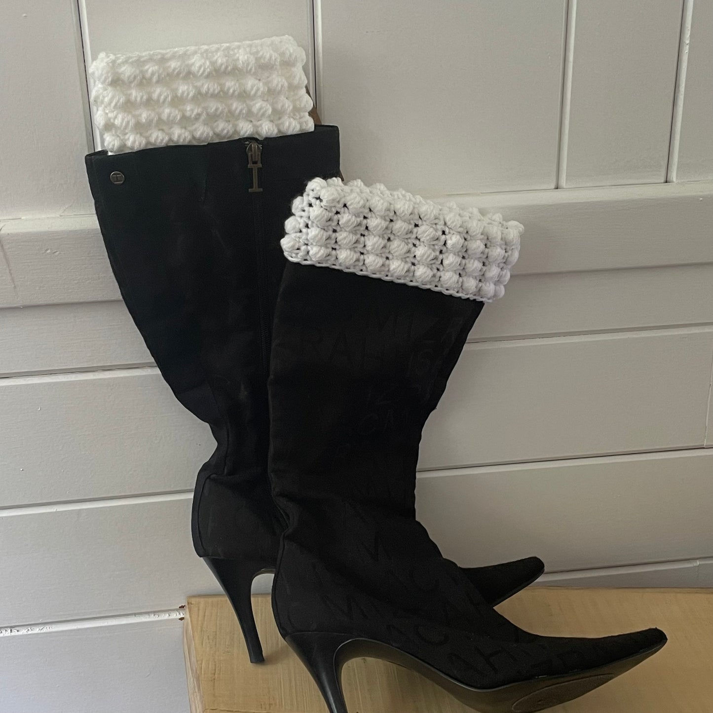 Boot Cuffs in Snow White Puff Stitch 12" Hand Crocheted Knit Fall Winter Hiking Indoor Outdoor Cozy Leg Warmers