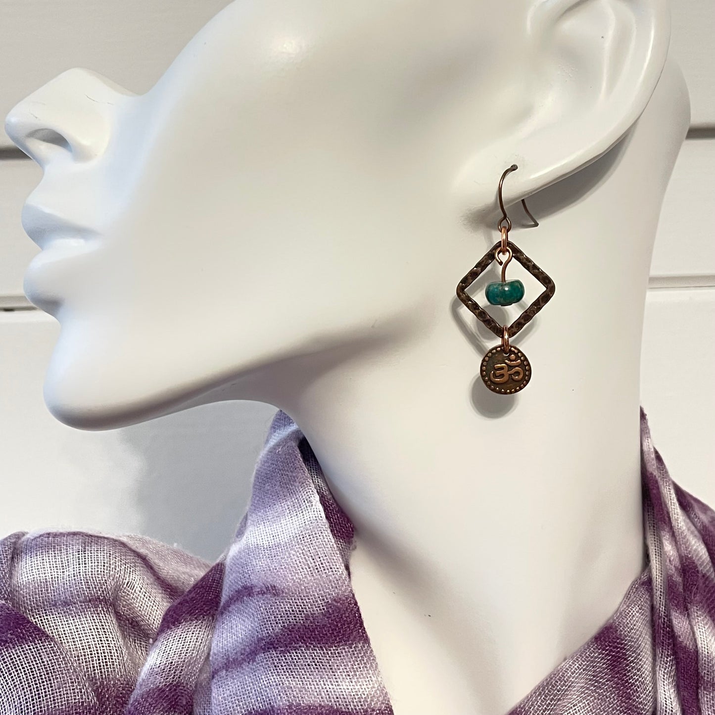 Textured Copper & Green Jasper Dangle Earrings 1.75" Handmade Om Symbol Geometric Women's Everyday Casual Jewelry Gift
