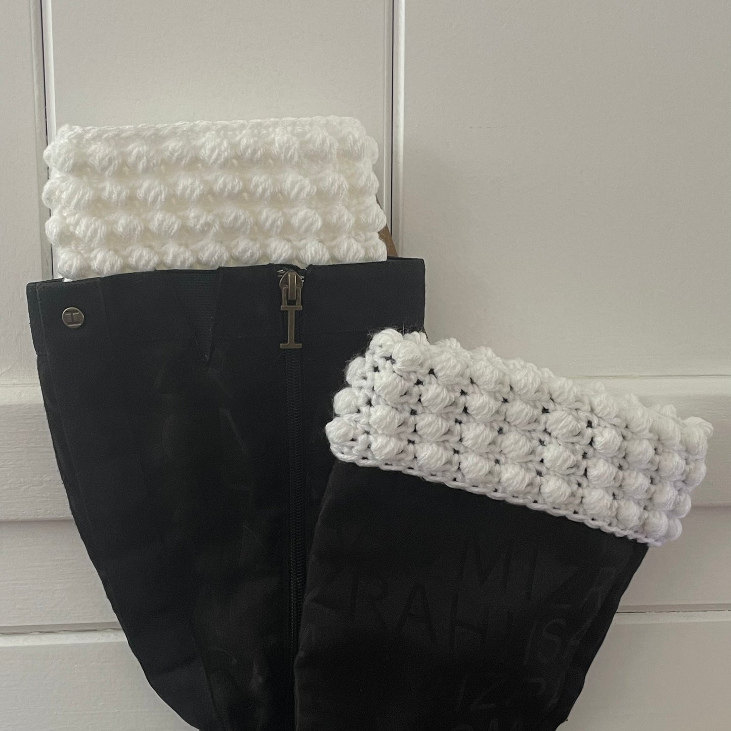 Boot Cuffs in Snow White Puff Stitch 12" Hand Crocheted Knit Fall Winter Hiking Indoor Outdoor Cozy Leg Warmers