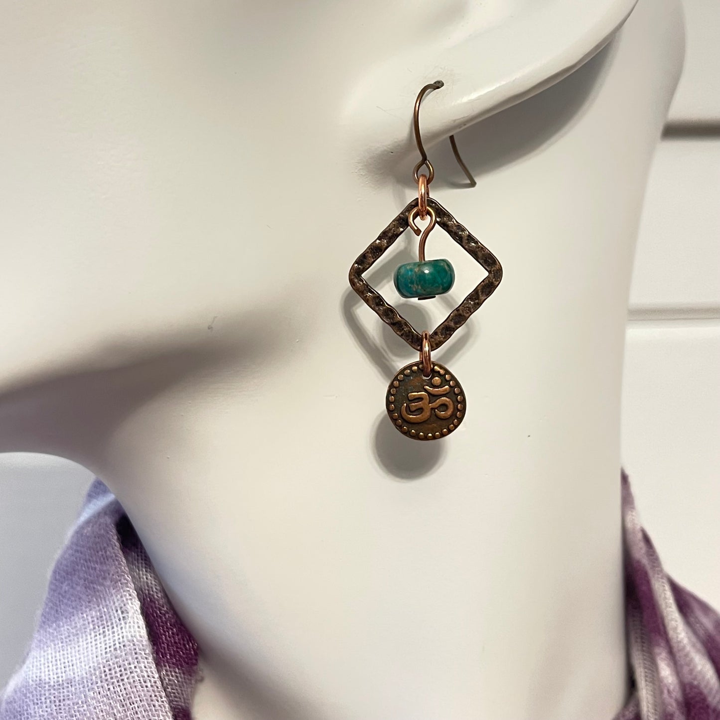 Textured Copper & Green Jasper Dangle Earrings 1.75" Handmade Om Symbol Geometric Women's Everyday Casual Jewelry Gift