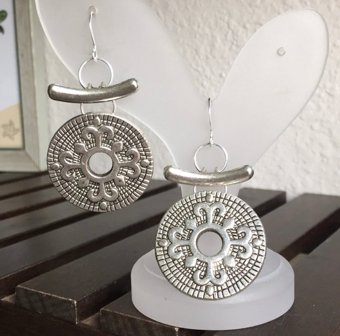 Antiqued Circle & Curved Bar Dangle Earrings 2.5" Handmade Textured Geometric Mixed Metal