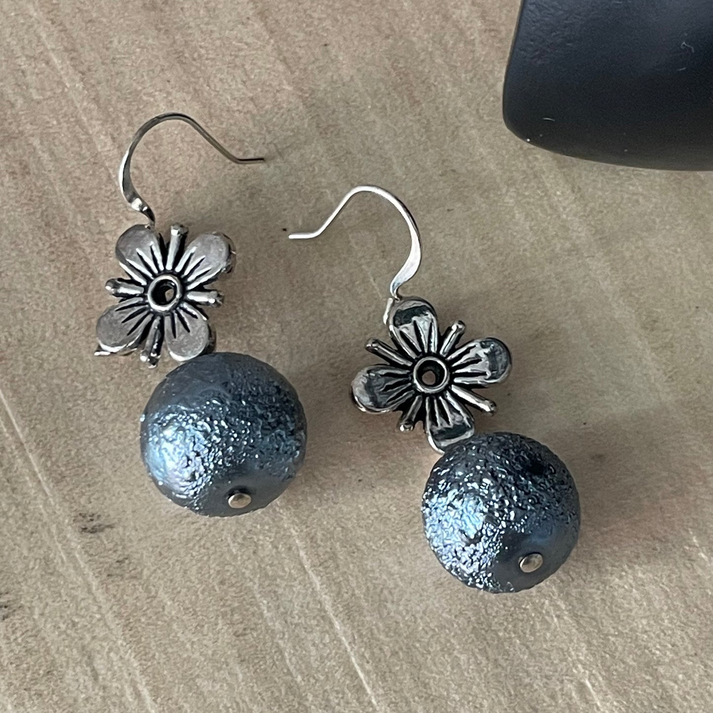 Antiqued Flower Blue Metallic Earrings 1.5" Handmade Textured Casual Glam Everyday Pop of Color