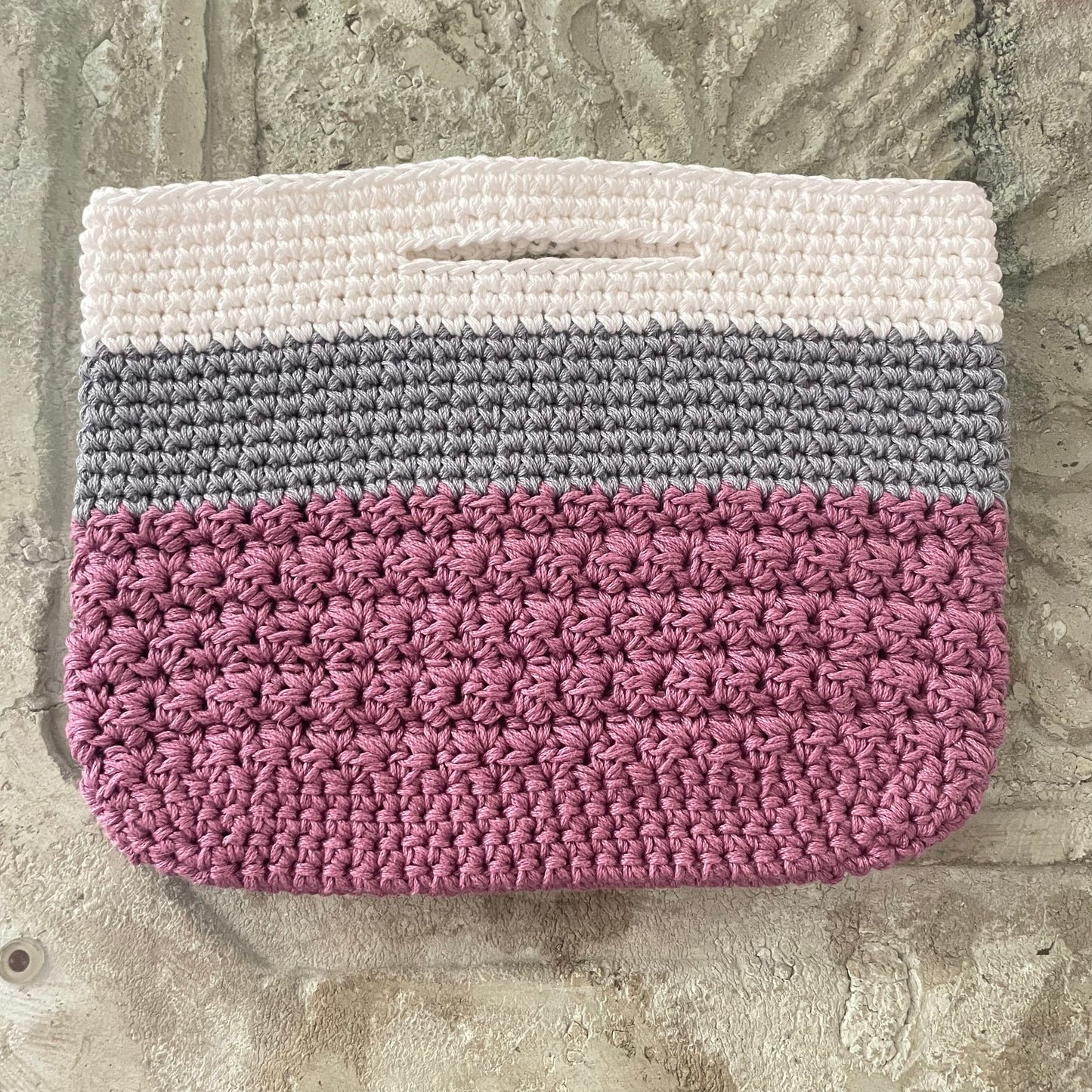 Colorblock Hand Crocheted Handled Purse Medium Knit Handbag Boho Minimalist Chic Cottagecore Violet White Gray 100% Cotton