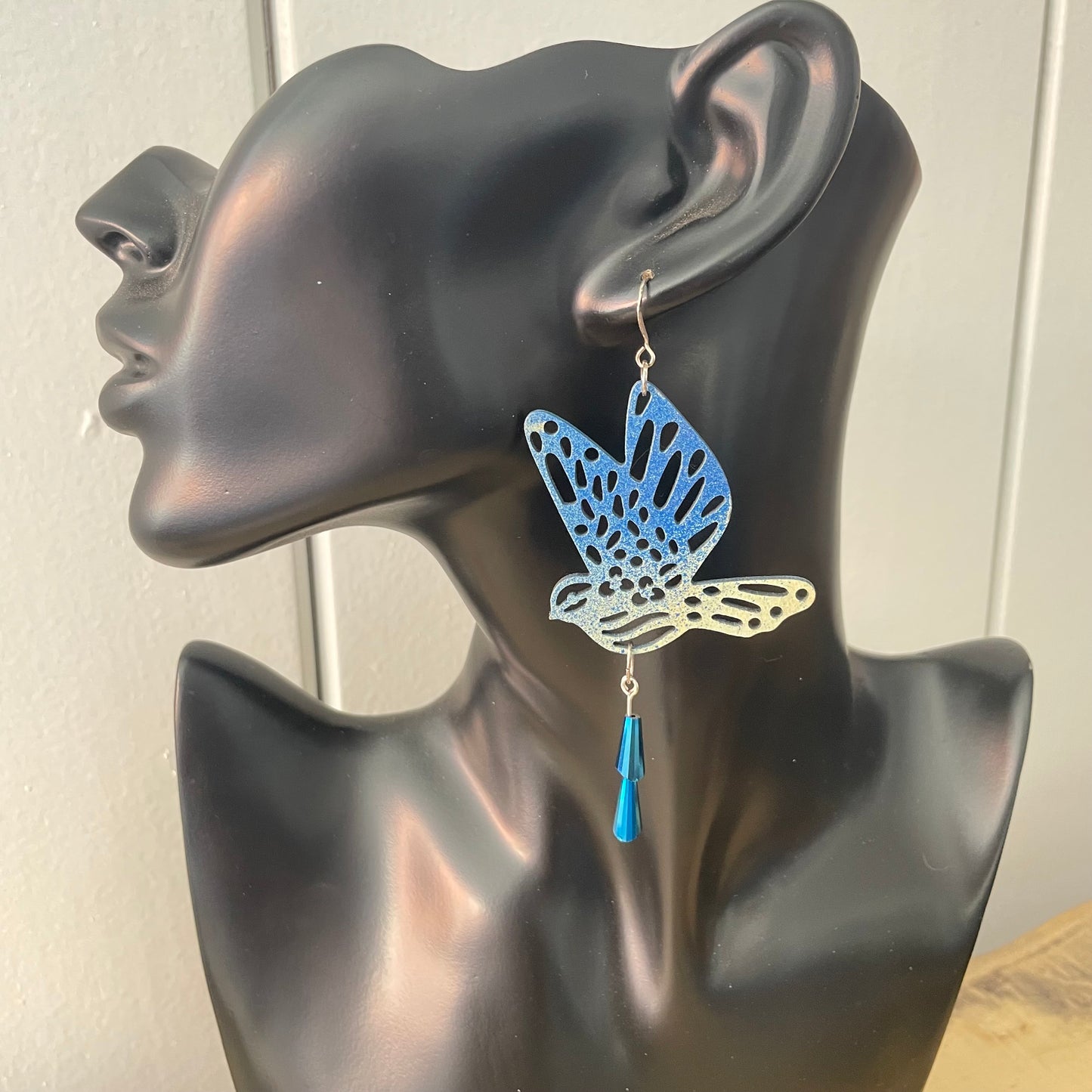 Oversize Laser Cut Bird & Dangling Blue Swarovski Crystal Earrings 4.25" Hand Painted Lightweight Ombre Shiny Blue Yellow Women Gift Idea