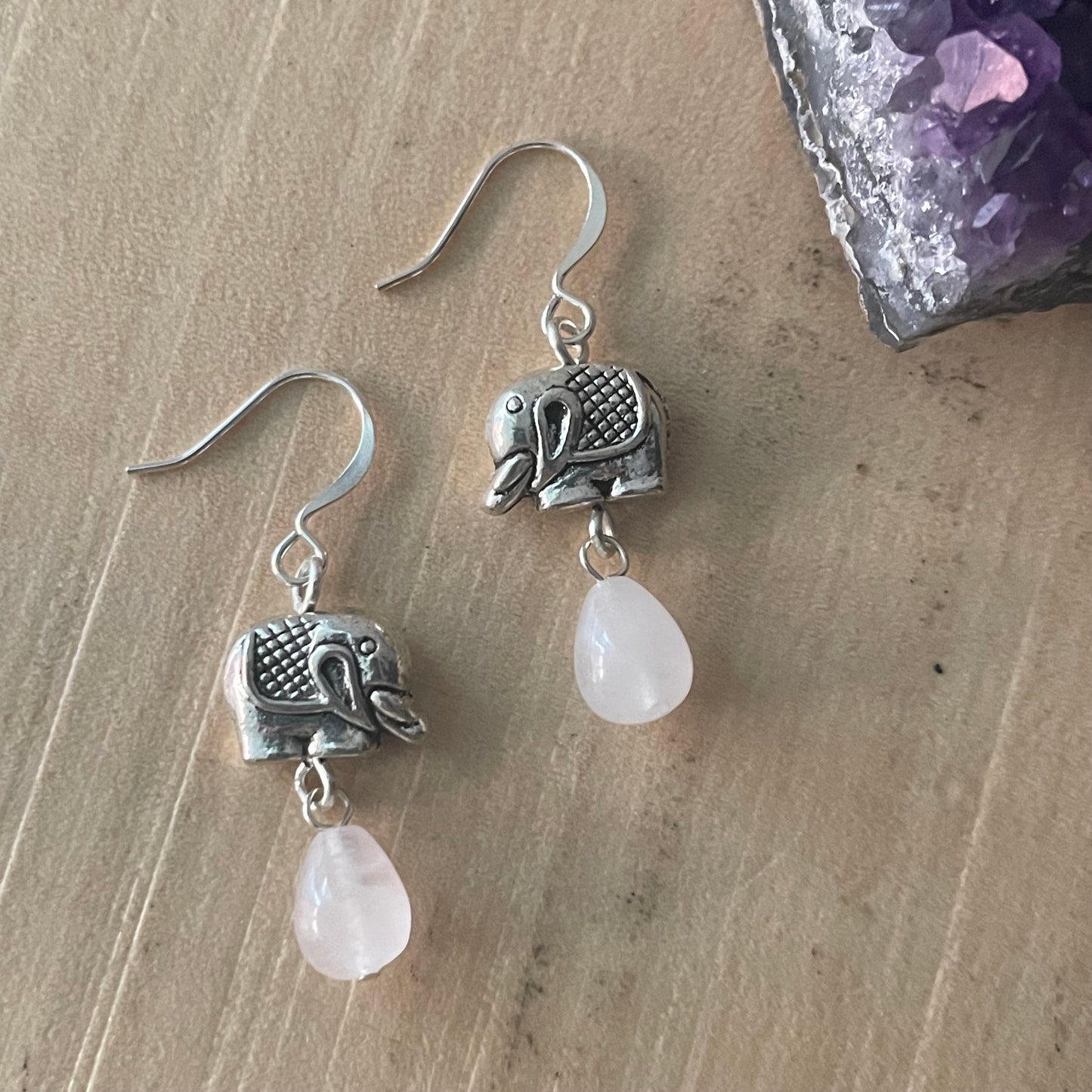 Handmade Rose Quartz Drop & Mini Pewter Elephants Dangle Earrings Women's Jewelry Casual Everyday Mom Sister Aunt Gift Birthday Holiday