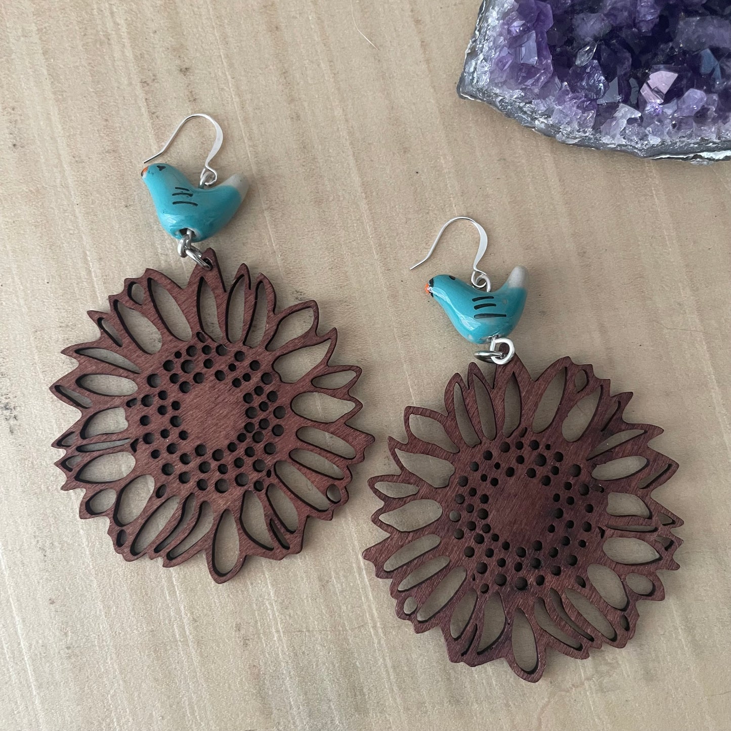 Oversize Laser Cut Wood Sunflower & Blue Ceramic Bird Earrings 4" Handmade Lightweight Nature Dark Brown Women Gift Idea