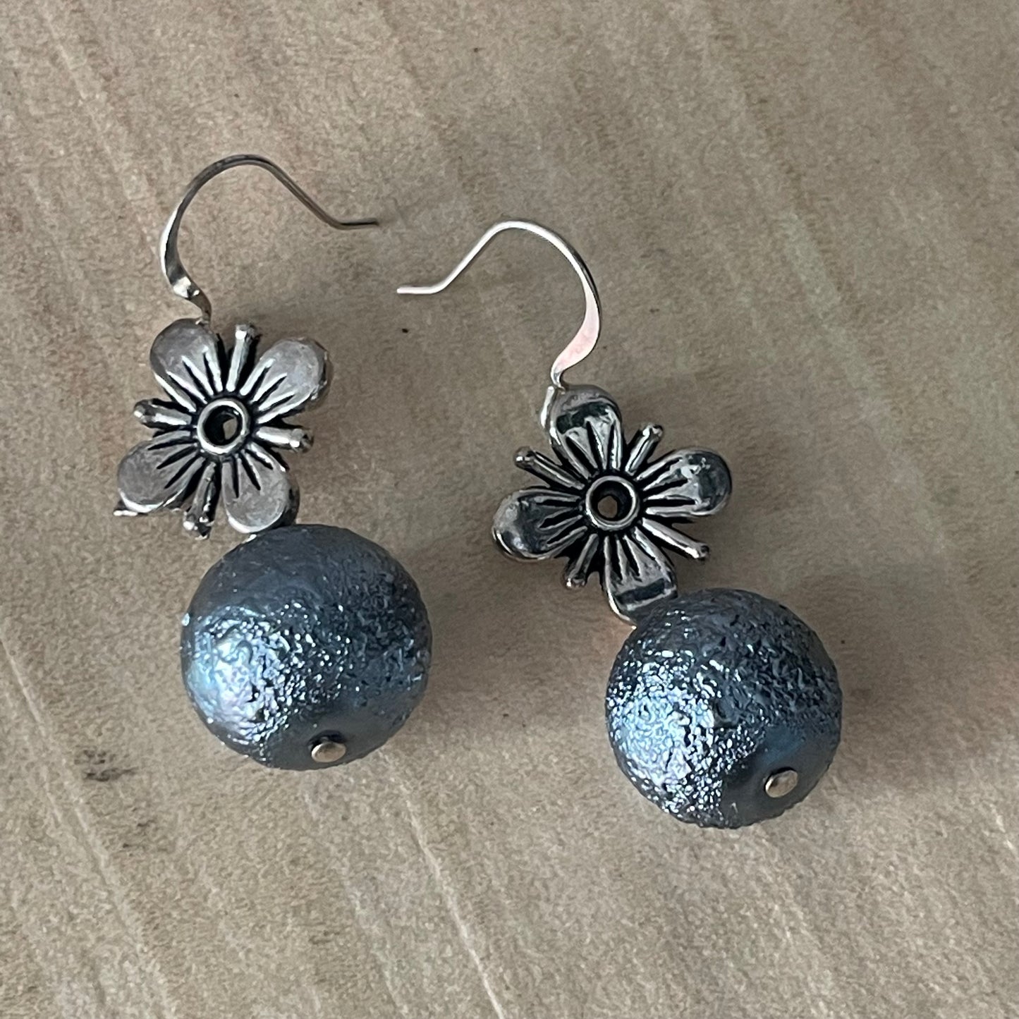 Antiqued Flower Blue Metallic Earrings 1.5" Handmade Textured Casual Glam Everyday Pop of Color