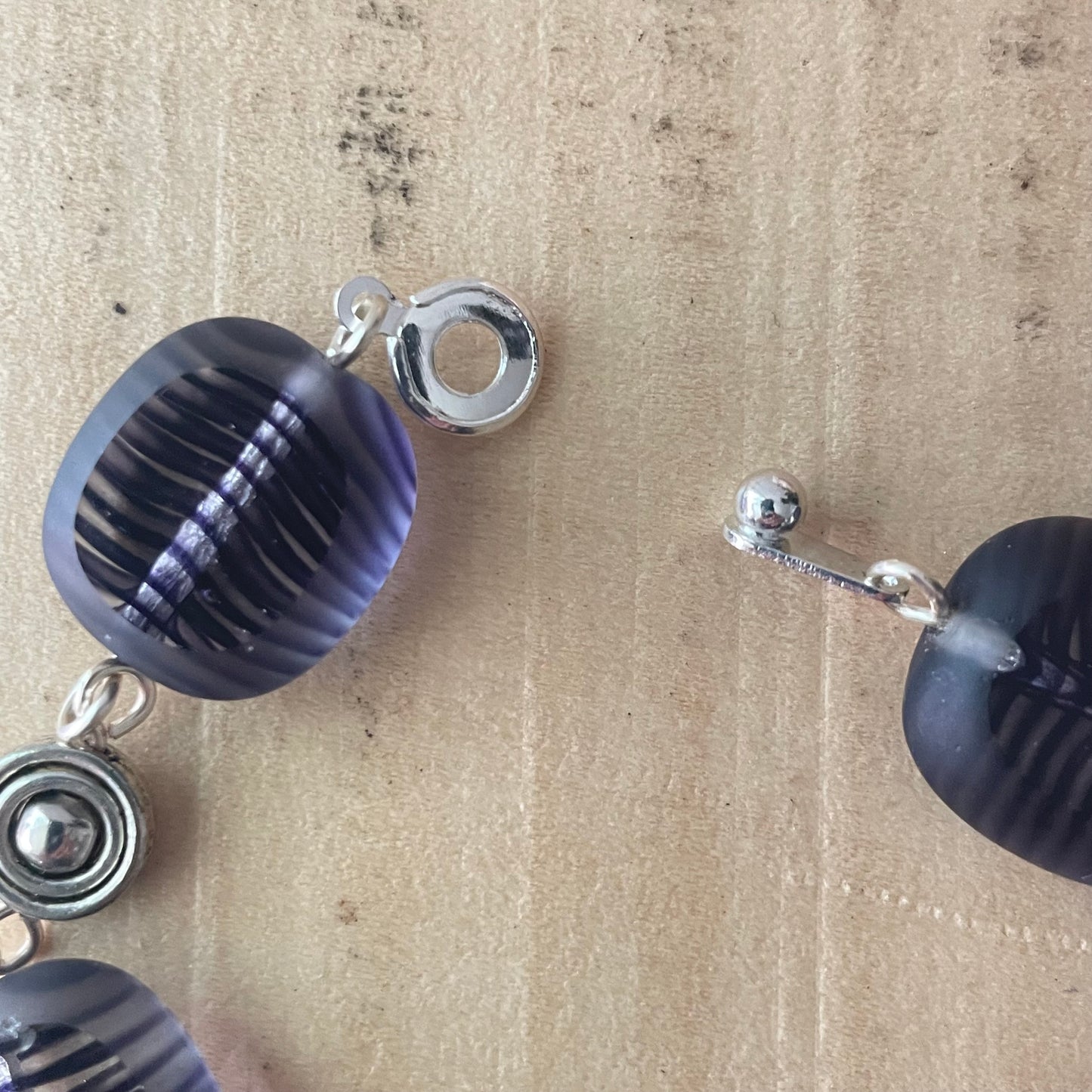 Purple Striped Glass & Silver Plated Bead Bracelet Hand Crafted Chunky Women's Jewelry Everyday Business Casual Mom Sister Aunt Gift Birthday Holiday Multicolor
