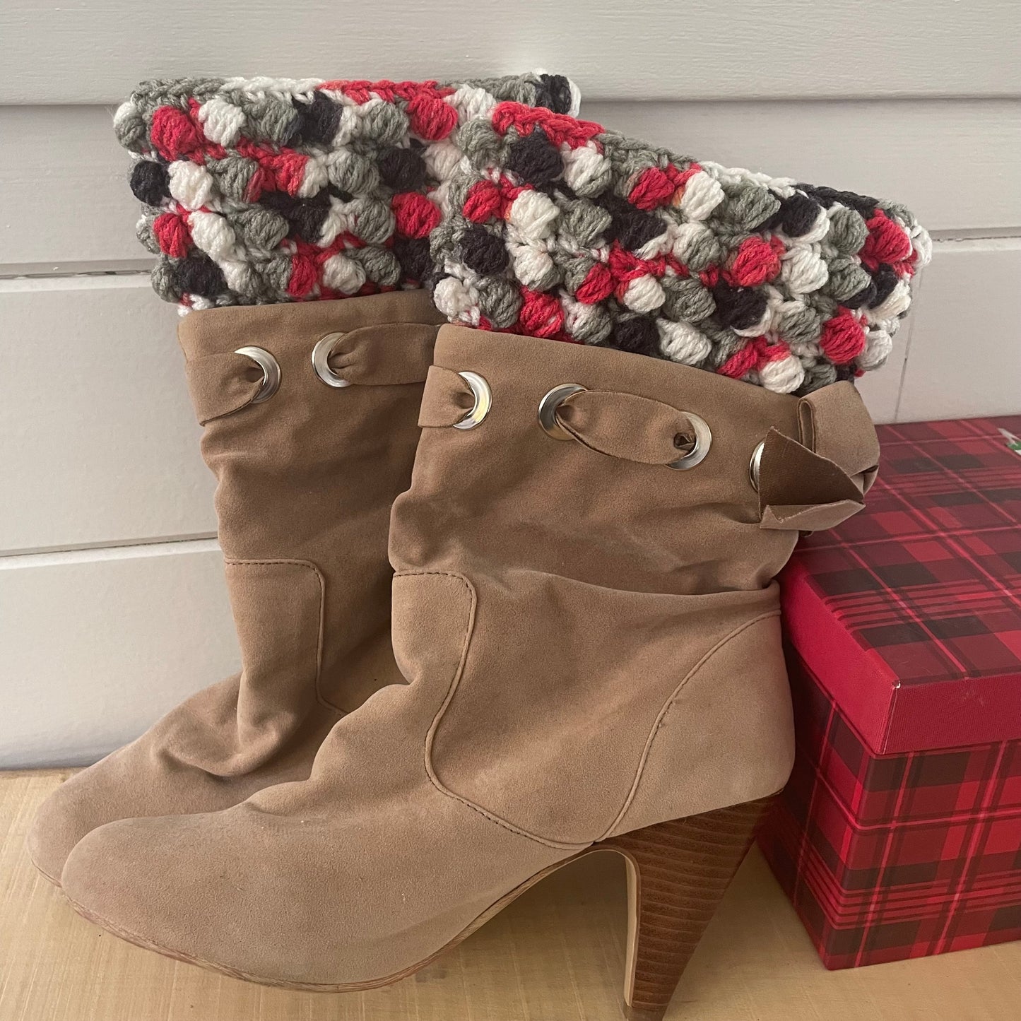 Hand Crocheted Boot Cuffs in Red Black & Gray Marble Puff Stitch Knit Winter Fall
