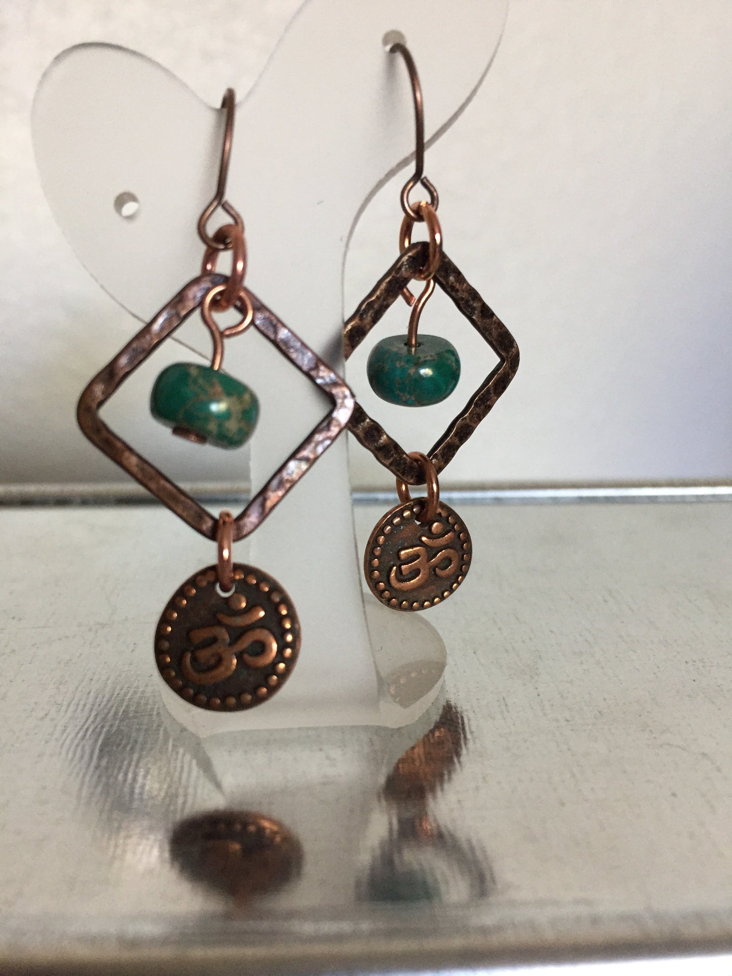 Textured Copper & Green Jasper Dangle Earrings 1.75" Handmade Om Symbol Geometric Women's Everyday Casual Jewelry Gift