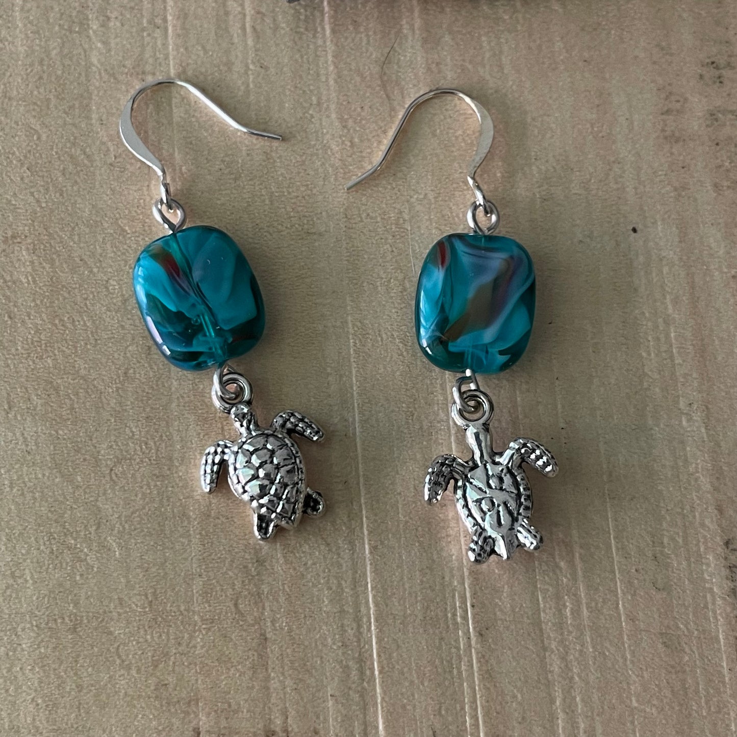 Handmade Blue Green Swirl Glass & Small Metal Turtle Dangle Earrings 2" Multicolored Women's Jewelry Casual Everyday Mom Sister Aunt Gift Birthday Holiday