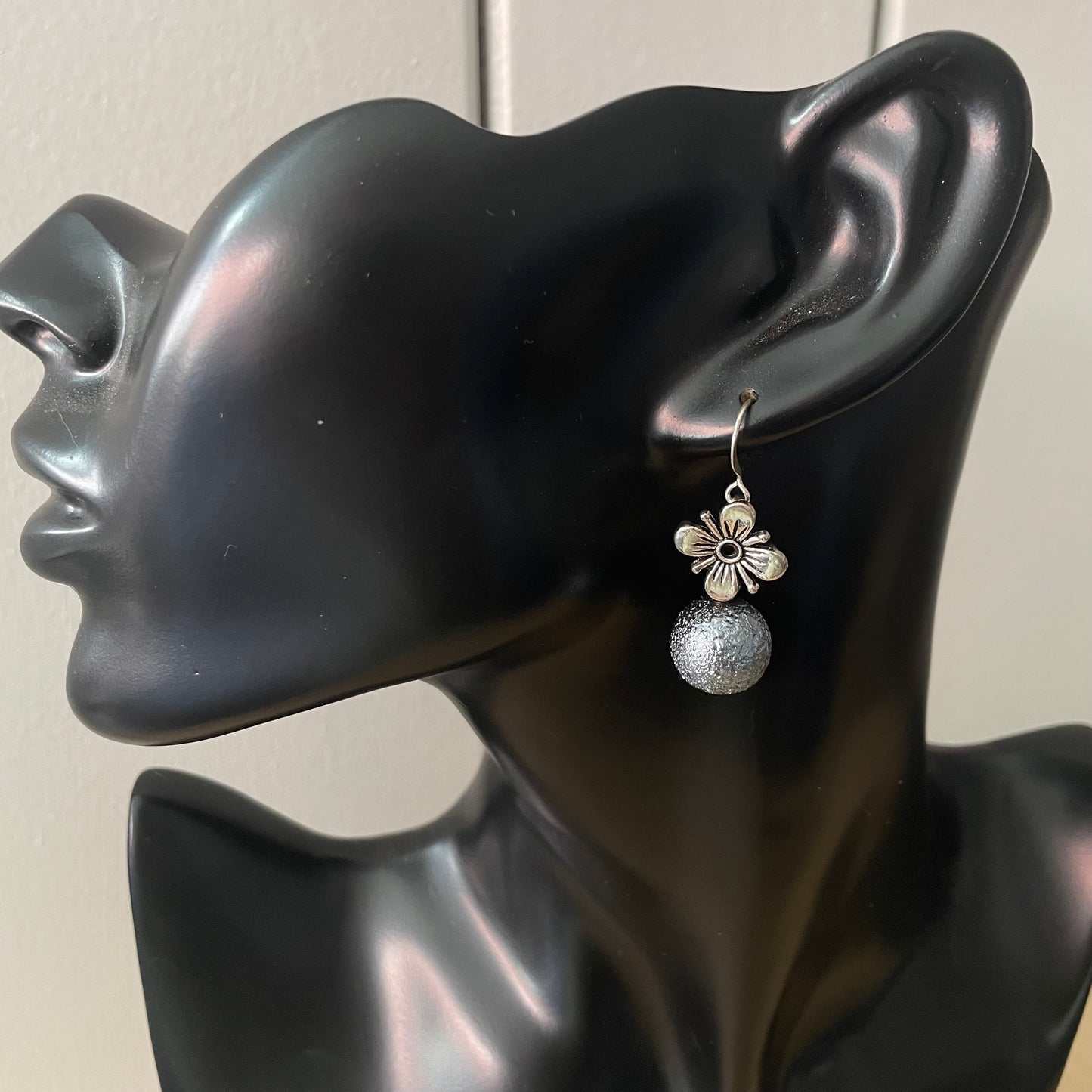 Antiqued Flower Blue Metallic Earrings 1.5" Handmade Textured Casual Glam Everyday Pop of Color