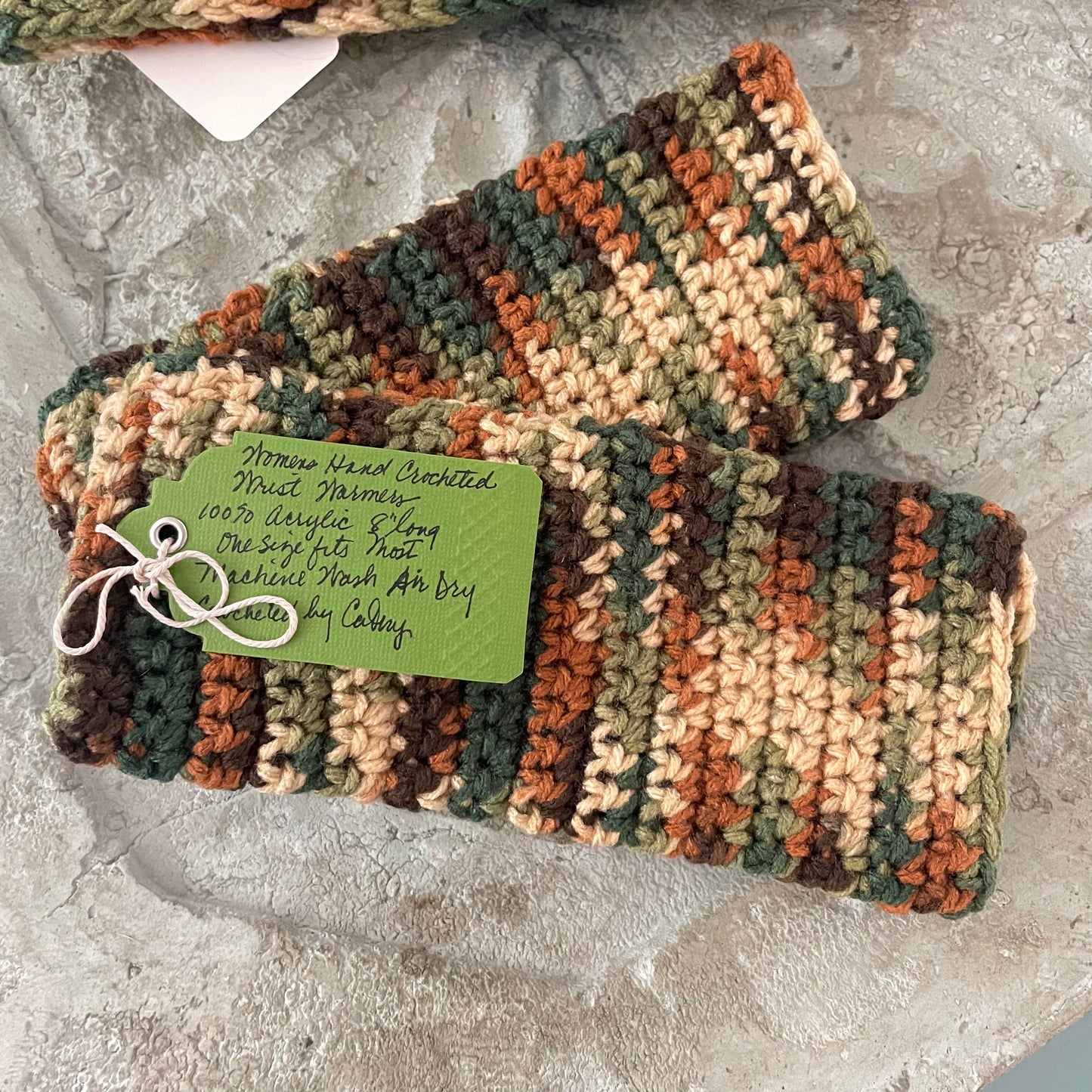 Gift Set Fingerless Gloves & Ear Warmers Brown Green Camouflage Wood Button Accent Knit Fall Winter Handmade 2 Piece Crochet Accessory