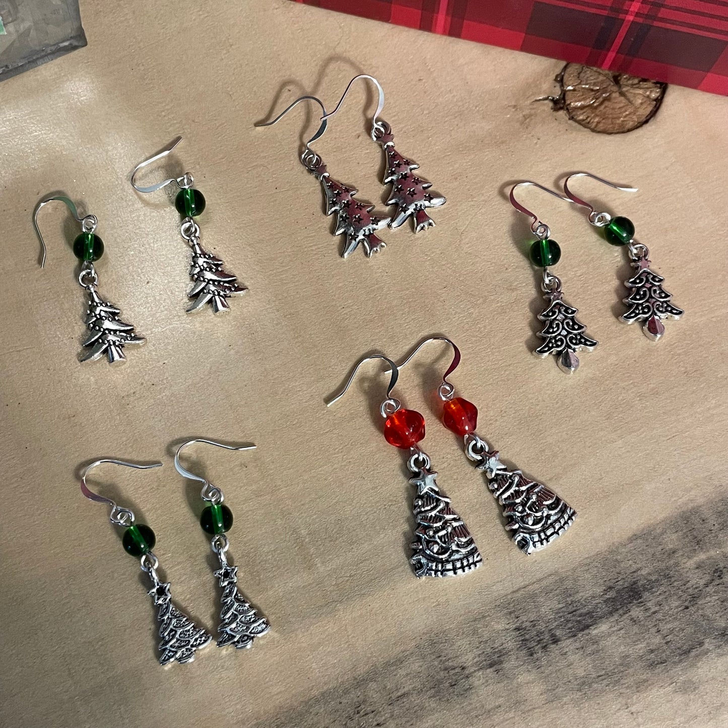 Handmade Christmas Tree With Garland Charm Earrings 1.75" Round Green Glass Bead Accent Mixed Metal Holiday Secret Santa Gift Idea
