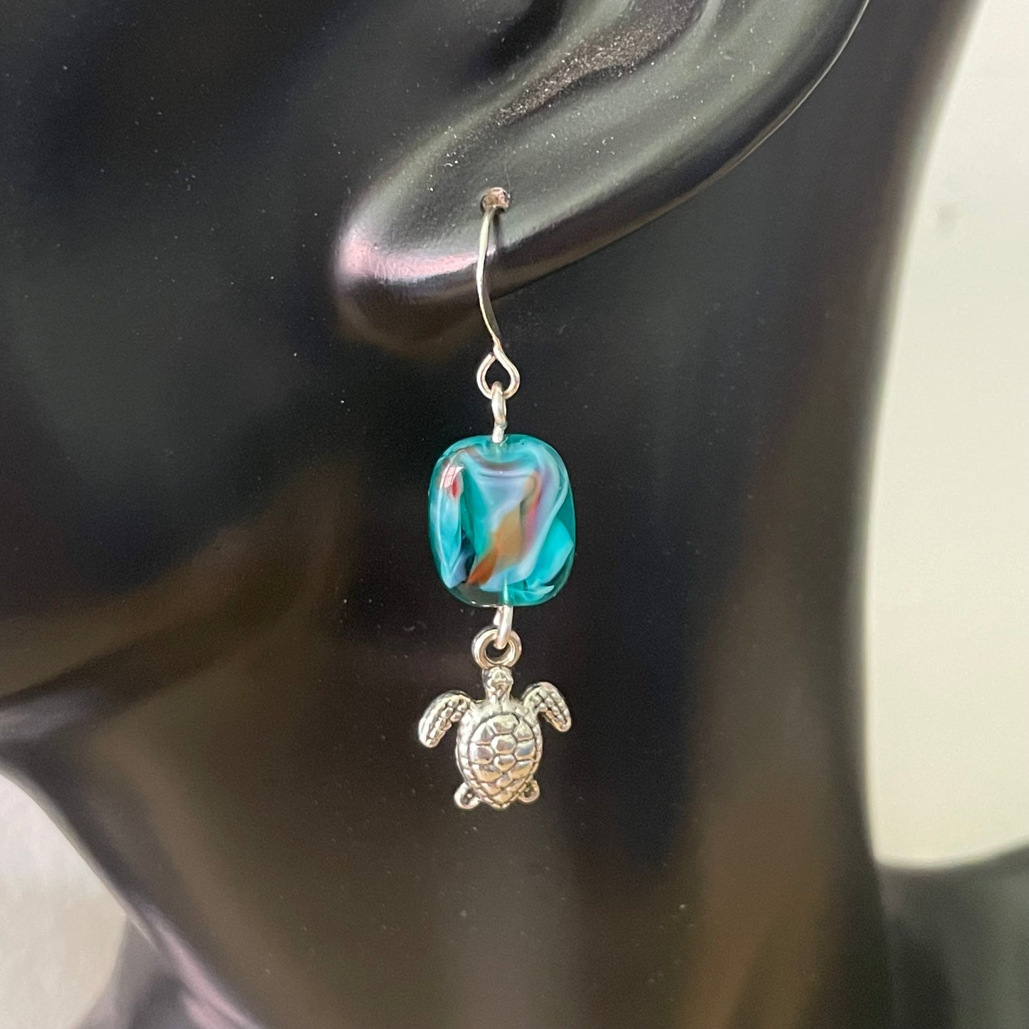 Handmade Blue Green Swirl Glass & Small Metal Turtle Dangle Earrings 2" Multicolored Women's Jewelry Casual Everyday Mom Sister Aunt Gift Birthday Holiday