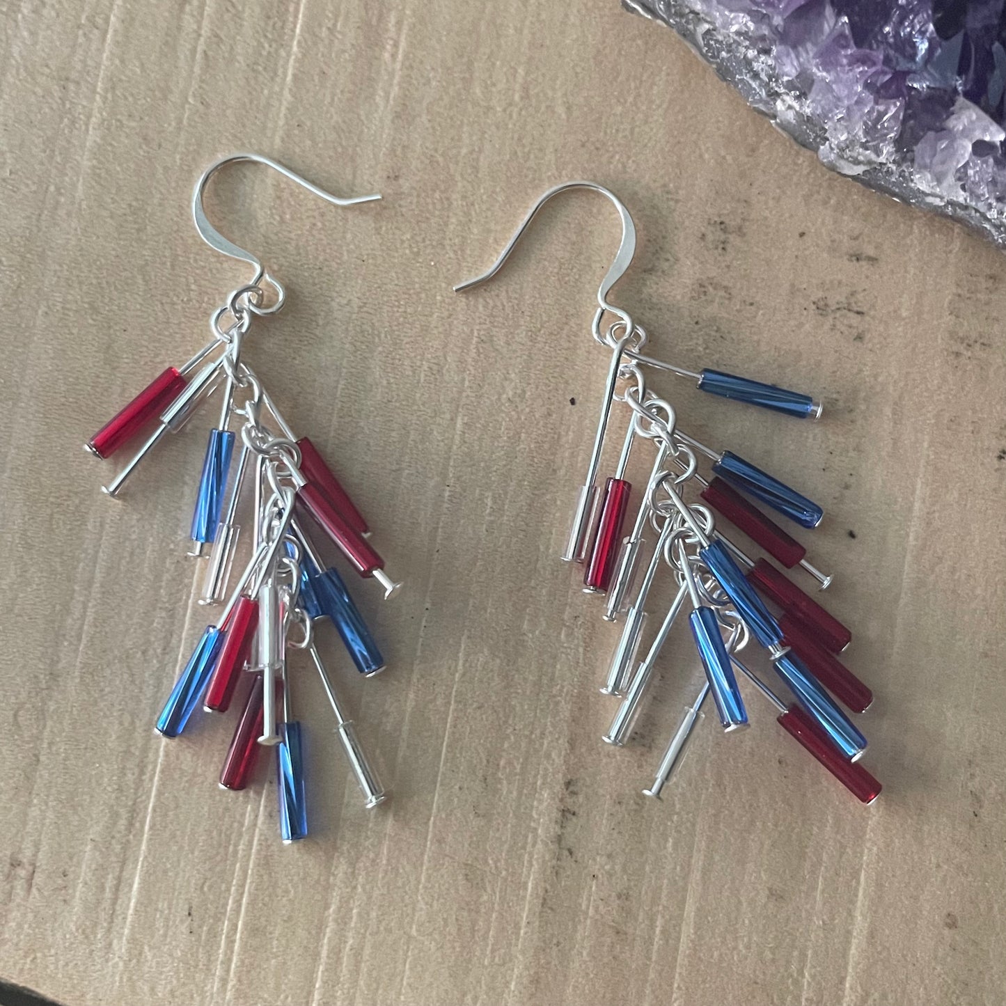 “Red White & Blue” Firework Dangle Earrings USA Patriotic July 4 Memorial Day Veterans Casual Everyday Women Gift Mom Sister Aunt