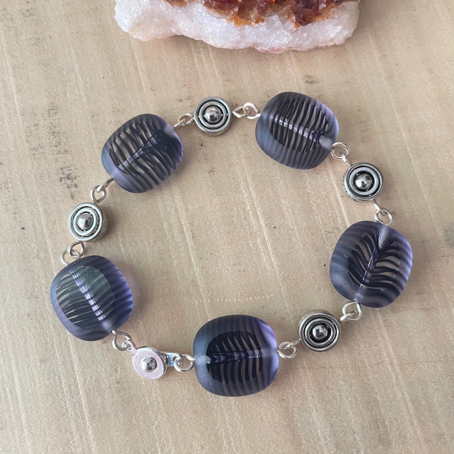 Purple Striped Glass & Silver Plated Bead Bracelet Hand Crafted Chunky Women's Jewelry Everyday Business Casual Mom Sister Aunt Gift Birthday Holiday Multicolor