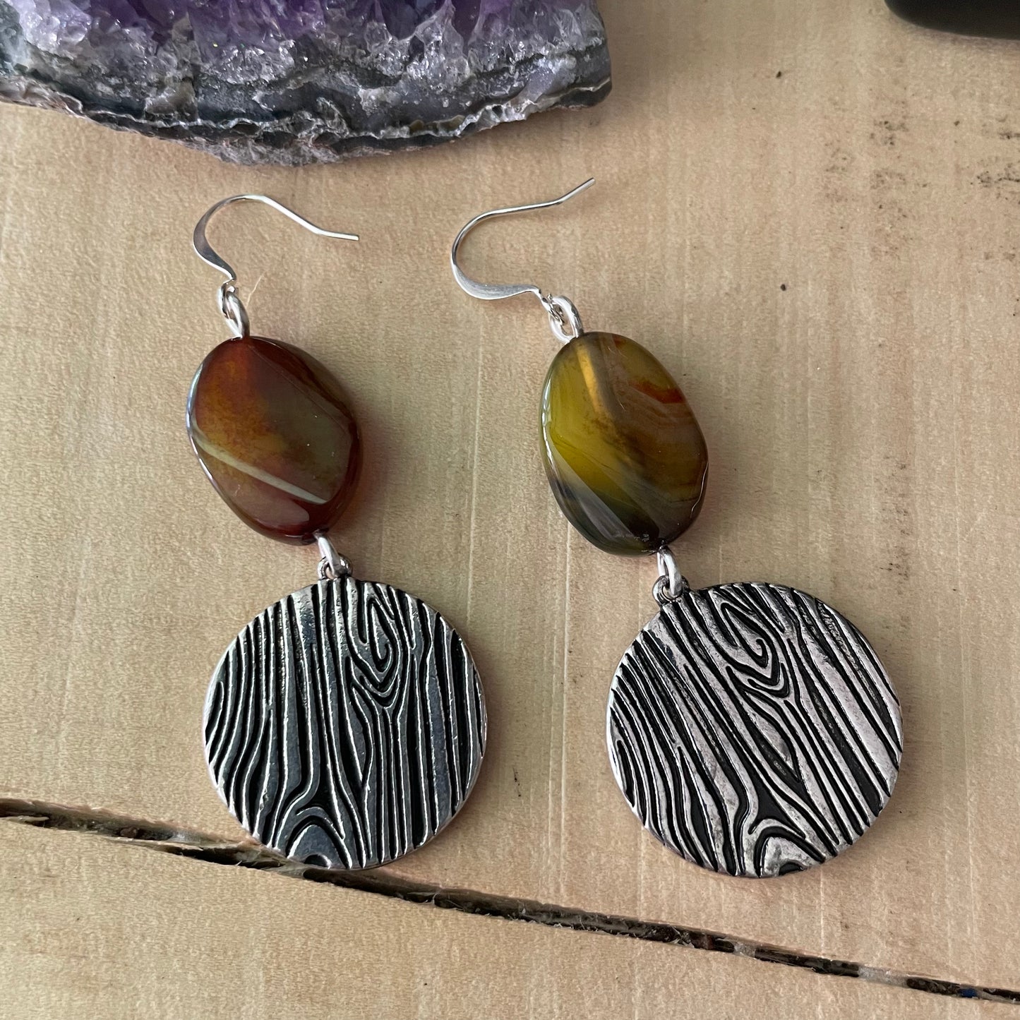 Handmade Legendary Bigfoot Forest Dangle Earrings Polished Swirled Jade Multicolored Women's Jewelry Casual Everyday Mom Sister Aunt Gift Birthday Holiday Textured
