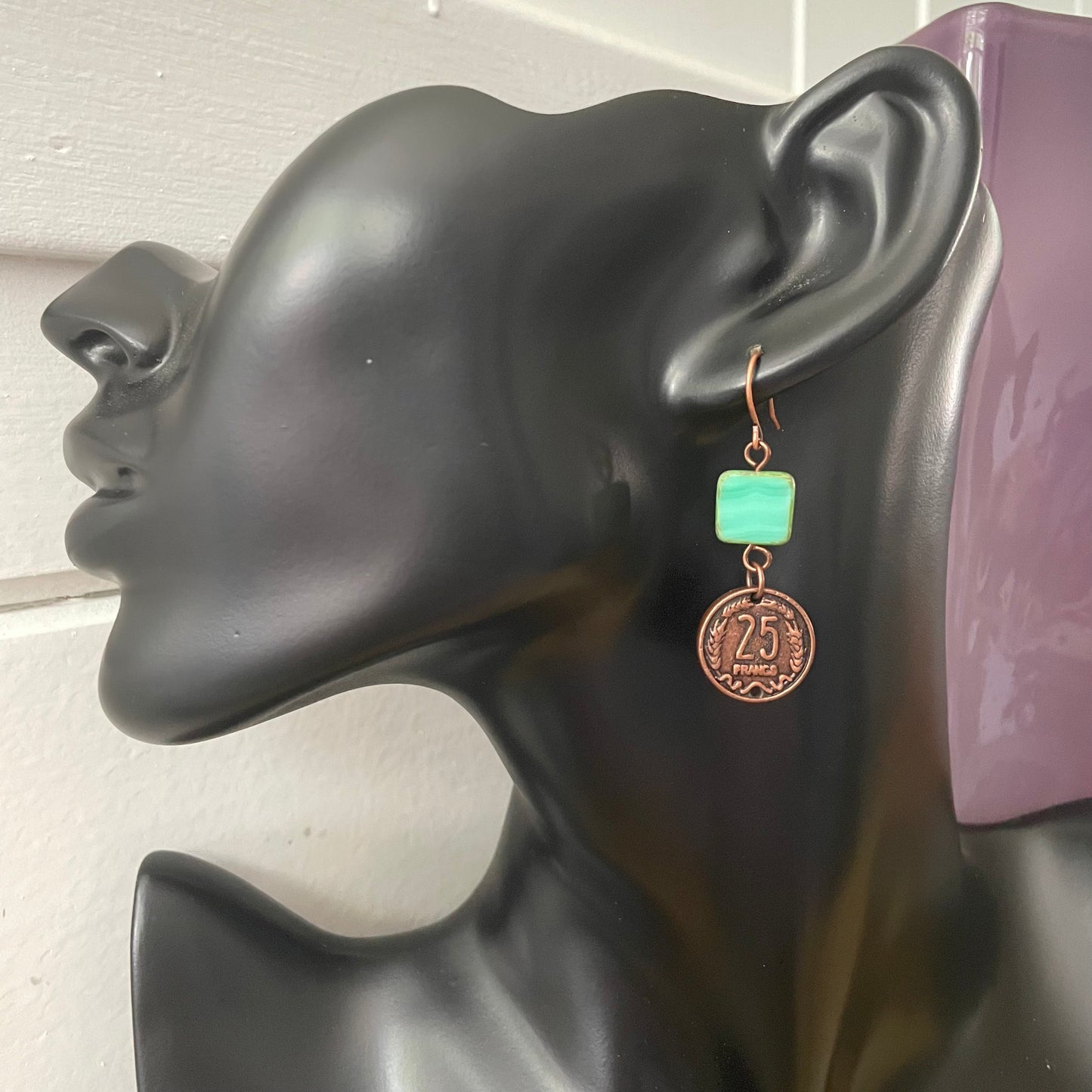 Repurposed French Coin & Blue Green Glass Drop Earrings 2” Copper Geometric Upcycled