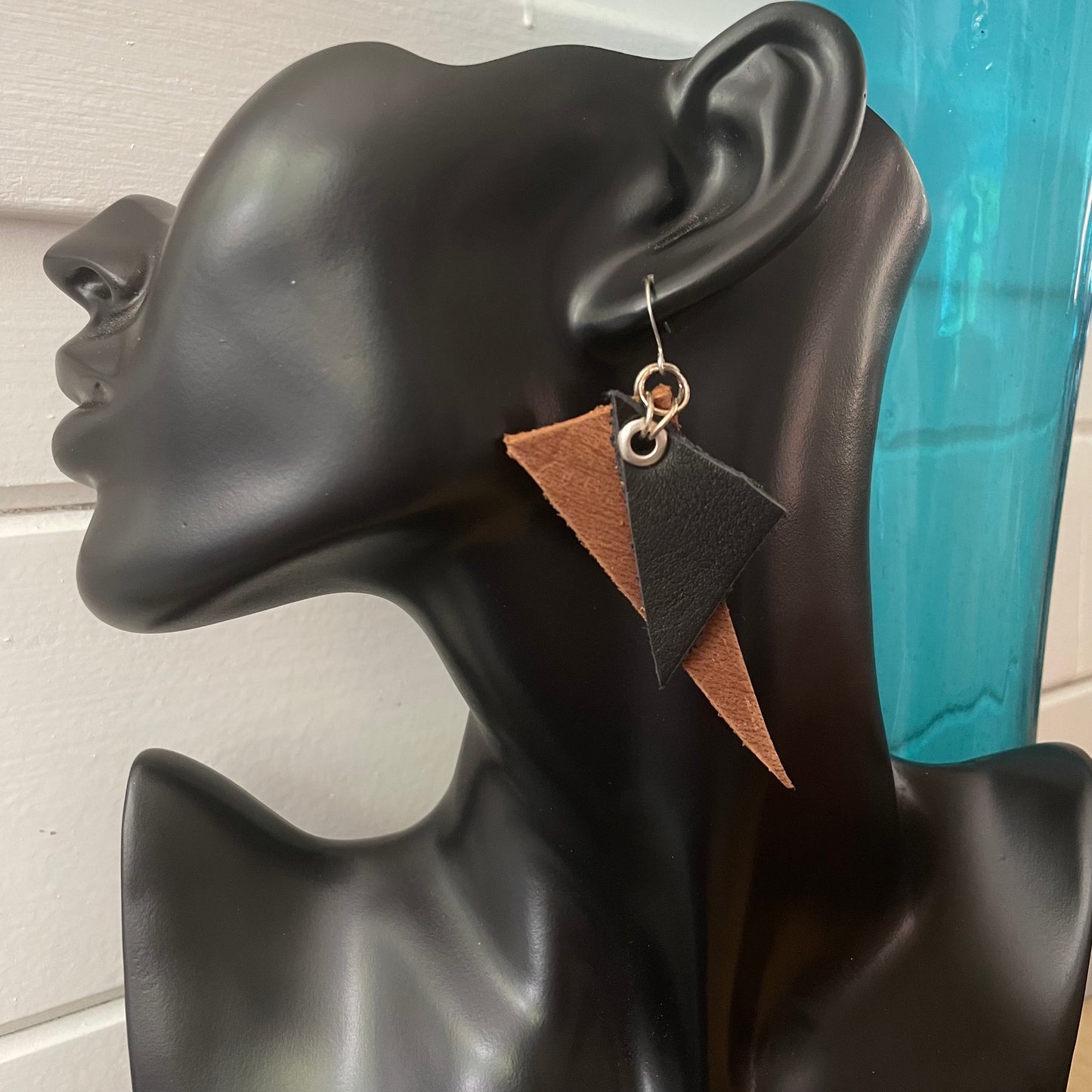 Dangling Brown & Black Leather Geometric Statement Earrings 3" Western Nashville Triangle Women Gift Everyday Fashion Handmade Jewelry