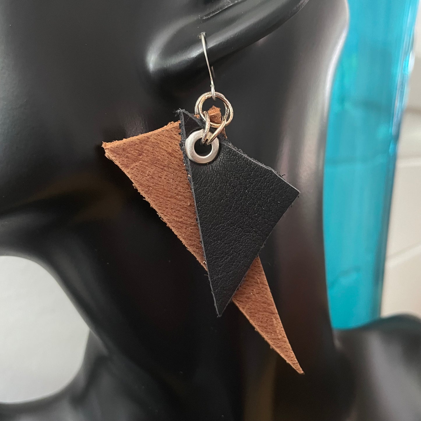 Dangling Brown & Black Leather Geometric Statement Earrings 3" Western Nashville Triangle Women Gift Everyday Fashion Handmade Jewelry
