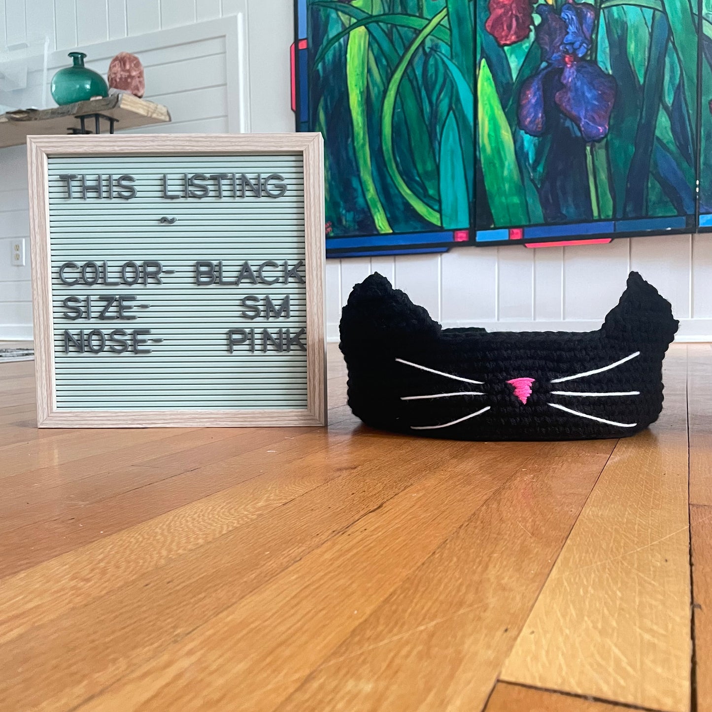 Small Cat Bed in Black & Pink Nose 11" Hand Crocheted Pet Furbaby Gift Cat Mom Dad