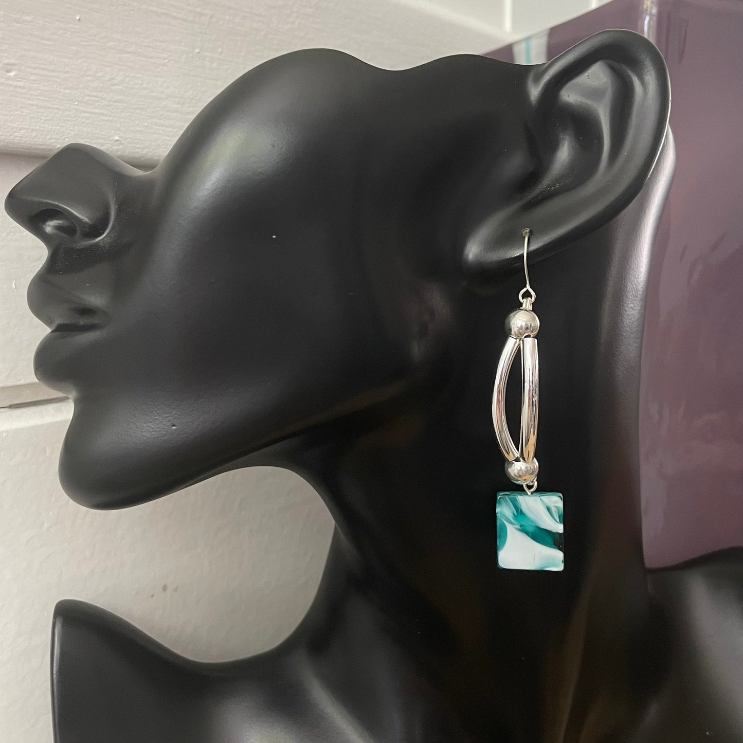 Swirled Turquoise Blue White Glass Bead & Curved Silver Bar Earrings 2.75” Long Geometric