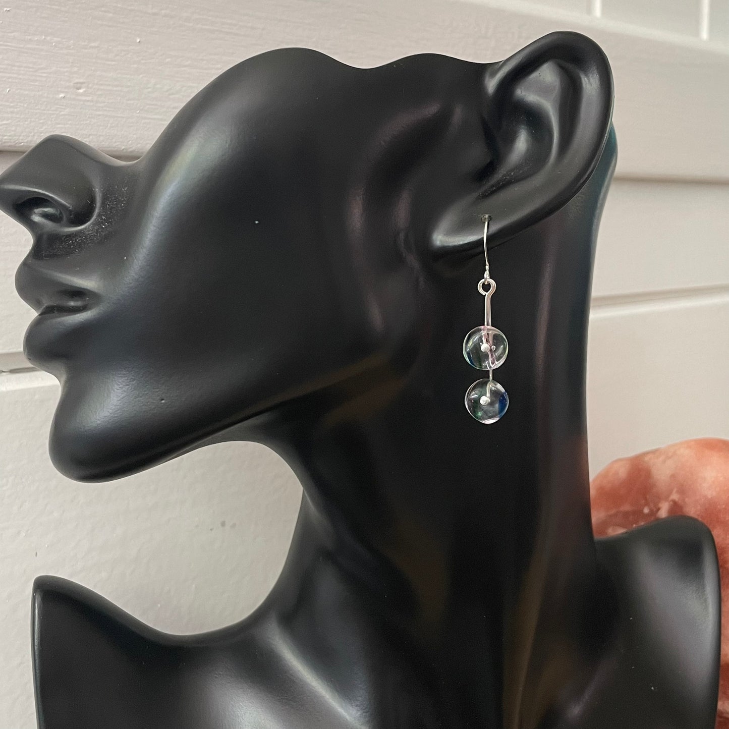 Clear Glass & Blue Green Swirl Accent Dangle Earrings 1.75" Floral Flower Boho Women Gift Everyday Fashion Handmade Jewelry