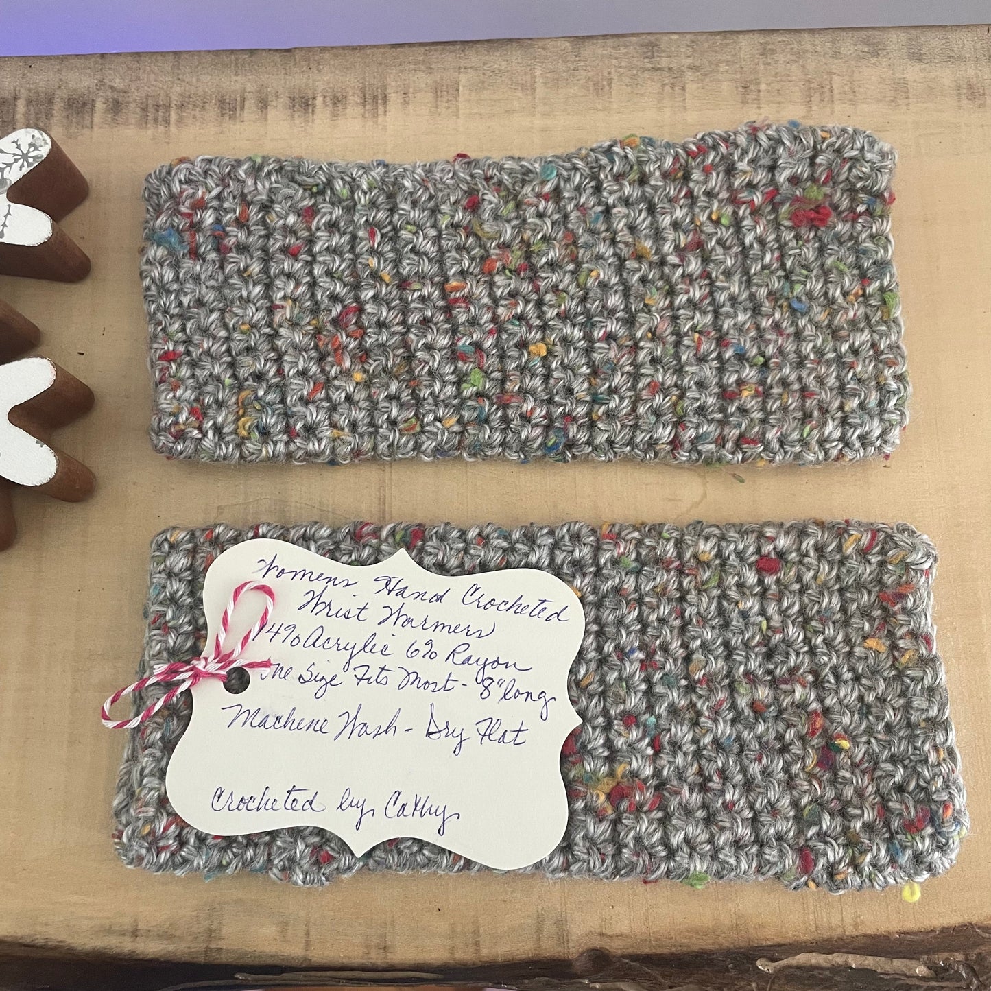 Narrow Grey Speckled Rainbow Tech Wrist Warmers Crochet Knit Spring Fall Winter Gaming Fingerless Gloves Small Teen Gray