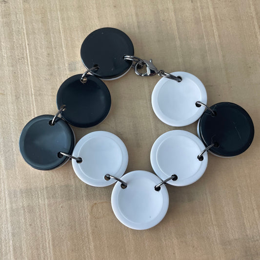 Black & White Game Piece Bracelet 8.5” Geometric Dual Tone Handmade Repurposed Upcycled Unconventional