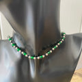 Small/Kids Glass Bead Necklace 14” Handmade Dark Green Silver Black Minimalist Gift Everyday Daily Wear Unisex