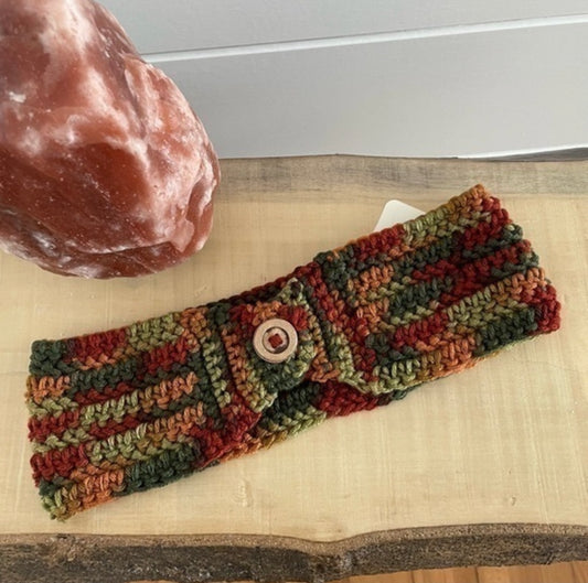 Autumn Whimsy & Wood Button Ear Warmer 25" Headband Crochet Knit Hand Crafted Outdoor Fall Winter Hiking Running Red Orange Green