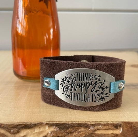 Handmade “Think Happy Thoughts” Soft Brown Suede & Blue Leather Cuff Bracelet Mixed Metal Dual Snap Inspiration Positive Motivational Men Women