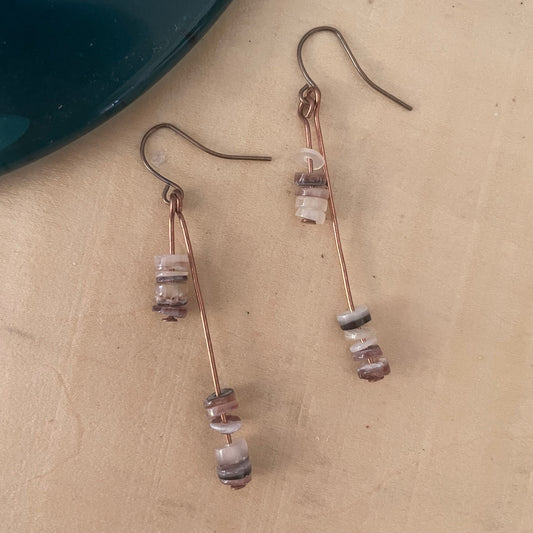 Dangling Shell & Copper Hi- Lo Dangle Earrings 2.25" Fall Autumn Colors Multicolor Brown Tan Cream Lightweight