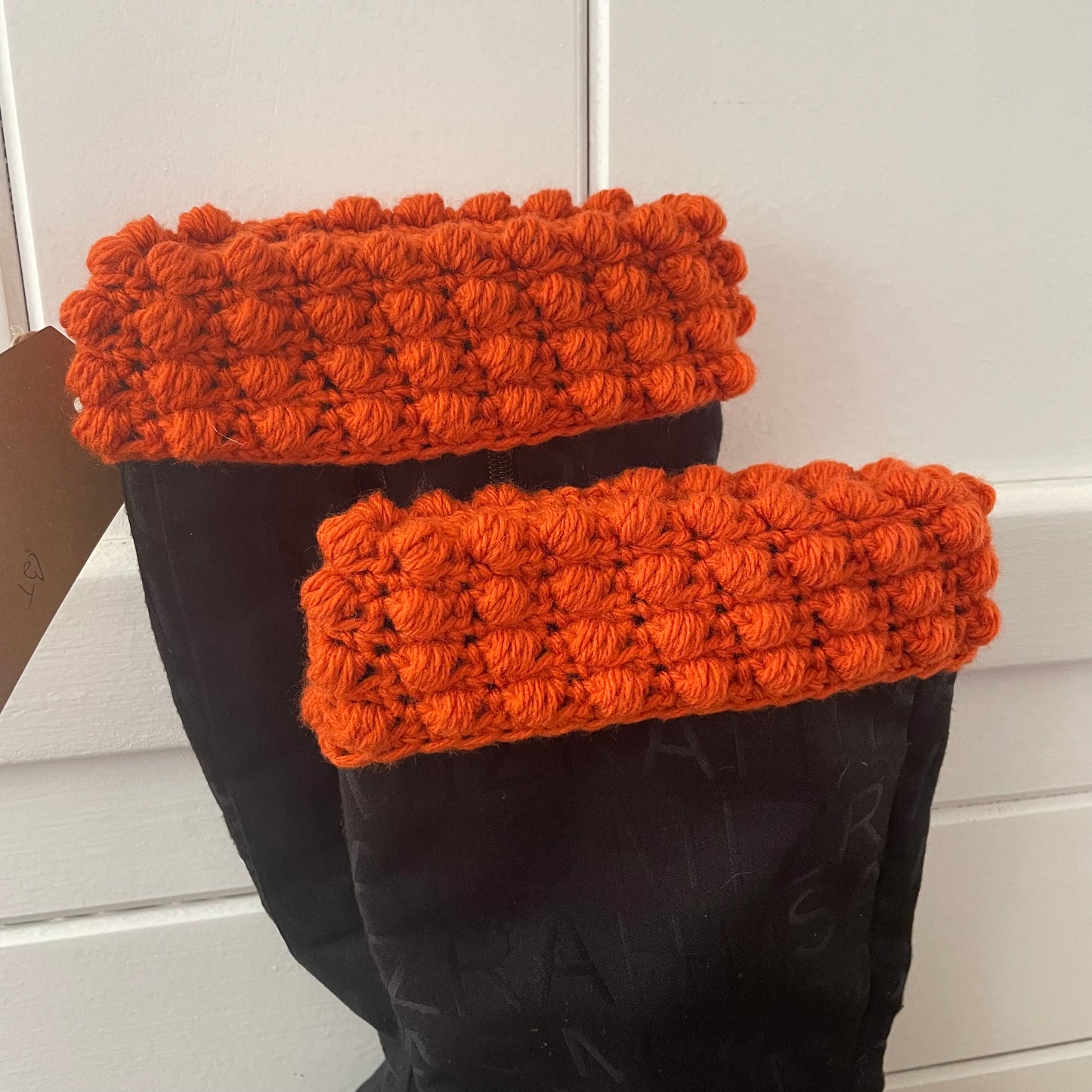 Boot Cuffs in Rust Orange Puff Stitch 12" Hand Crocheted Knit Fall Winter Hiking Indoor Outdoor Cozy Leg Warmers