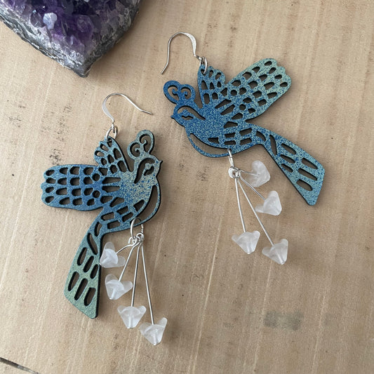 Oversize Laser Cut Bird & Dangling White Frosted Glass Flower Earrings 3.5" Hand Painted Lightweight Shiny Blue Spatter Off-White Women Gift Idea