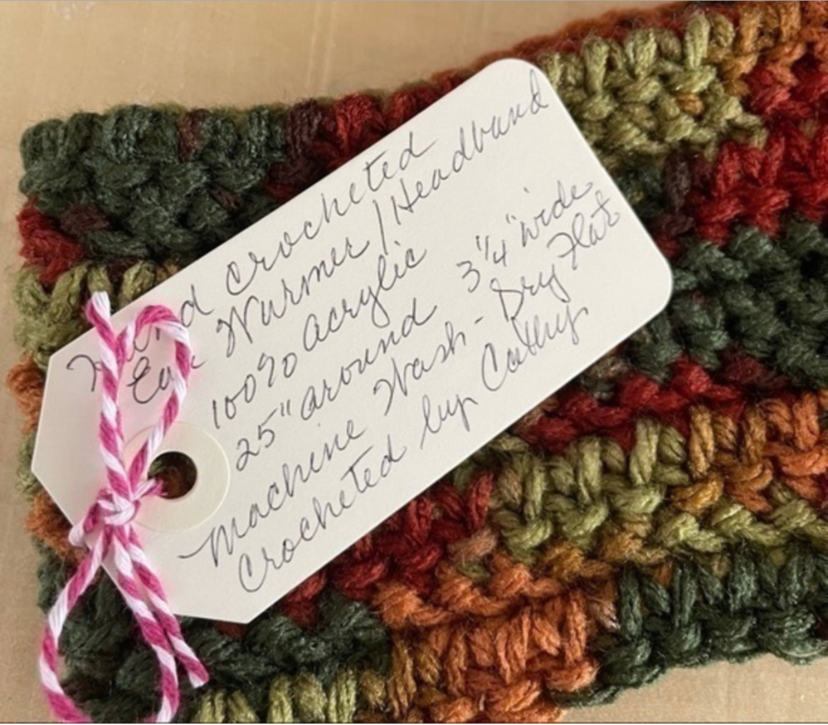 Autumn Whimsy & Wood Button Ear Warmer 25" Headband Crochet Knit Hand Crafted Outdoor Fall Winter Hiking Running Red Orange Green