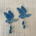 Oversize Laser Cut Bird & Dangling Blue Swarovski Crystal Earrings 4.25" Hand Painted Lightweight Ombre Shiny Blue Yellow Women Gift Idea