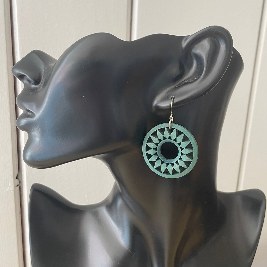Large Dark Green Carved Wood Earrings 2" Handmade Lightweight Bold Statement Sunburst Floral Nature Geometric Women Gift Idea