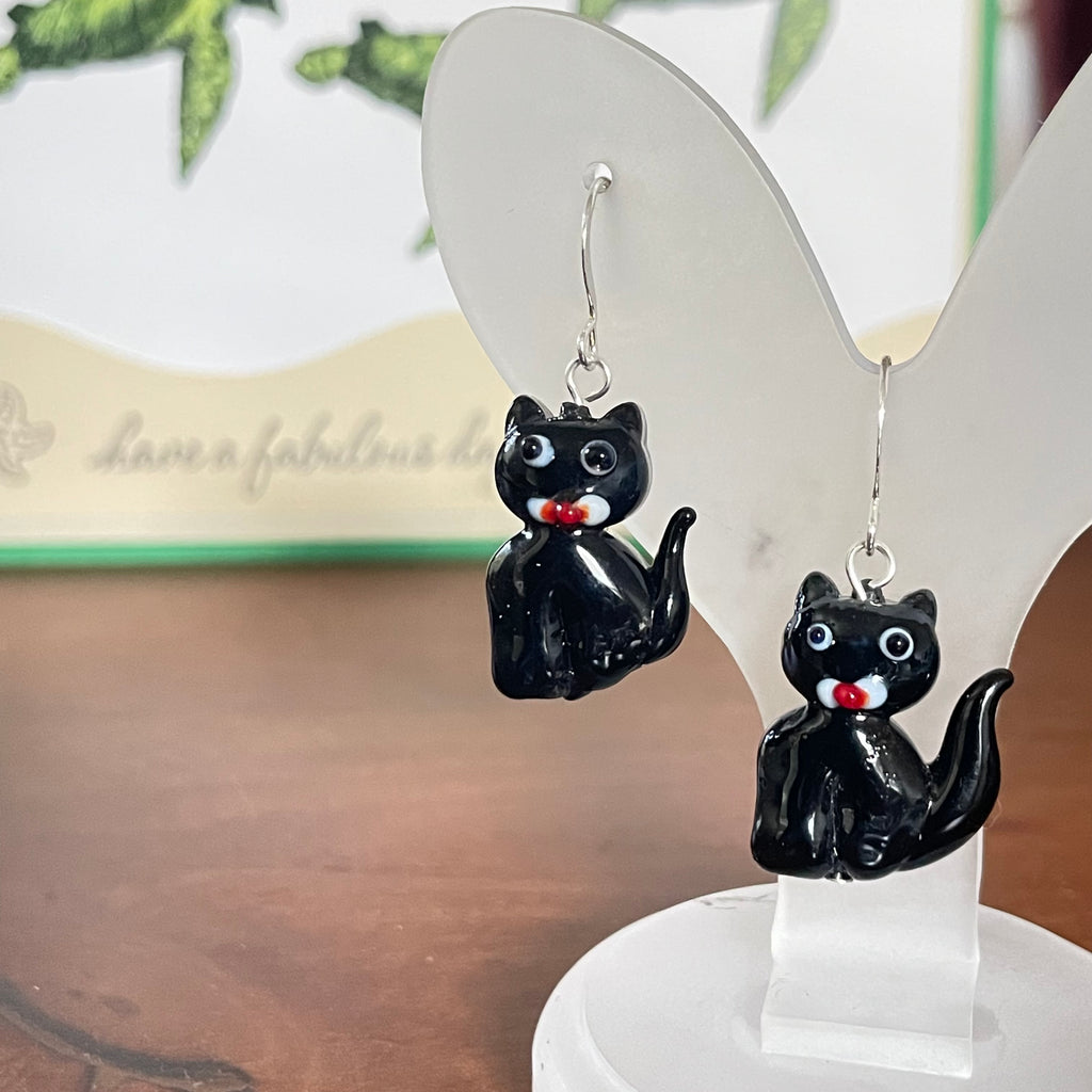 Glass Black Cat Earrings Handmade Casual Dangles Everyday Halloween Women Mom Sister Teacher Gift