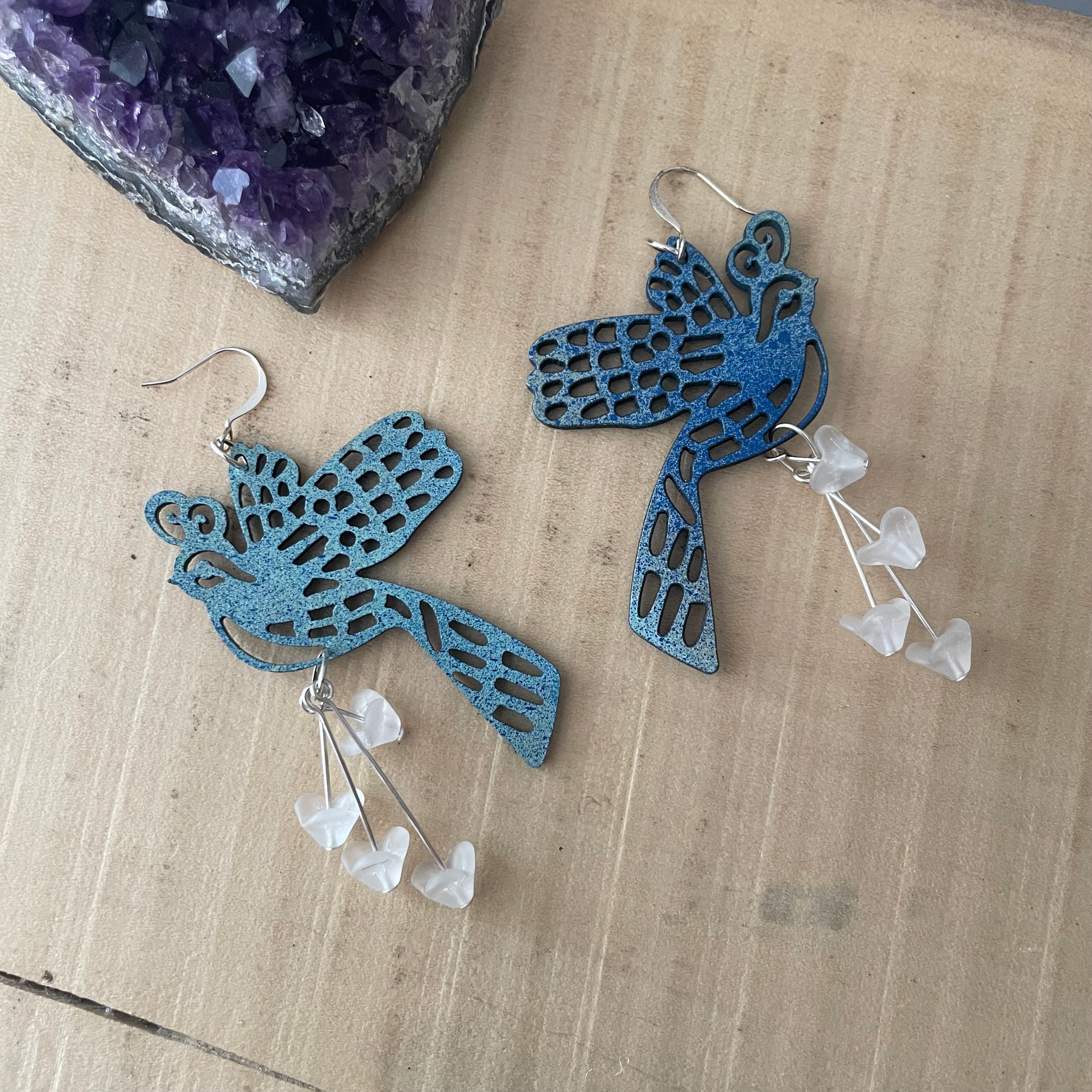 Oversize Laser Cut Bird & Dangling White Frosted Glass Flower Earrings 3.5" Hand Painted Lightweight Shiny Blue Spatter Off-White Women Gift Idea