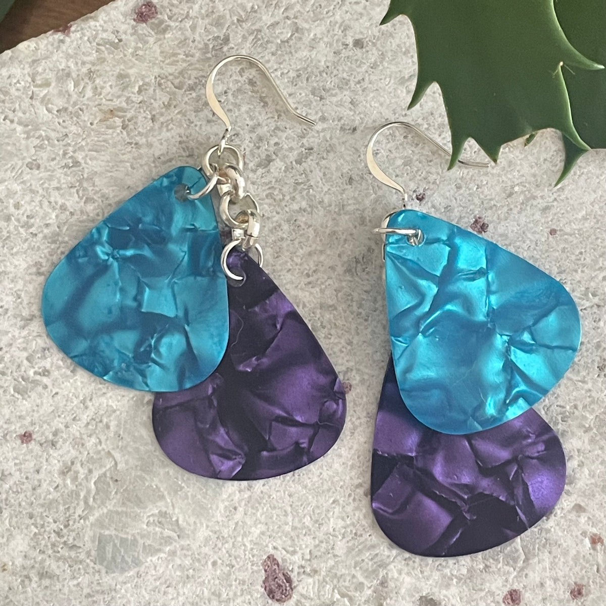 Blue & Purple Guitar Pick Earrings Casual Jewelry Musician Gift Idea Lightweight Dangles Fun Upcycled Repurposed