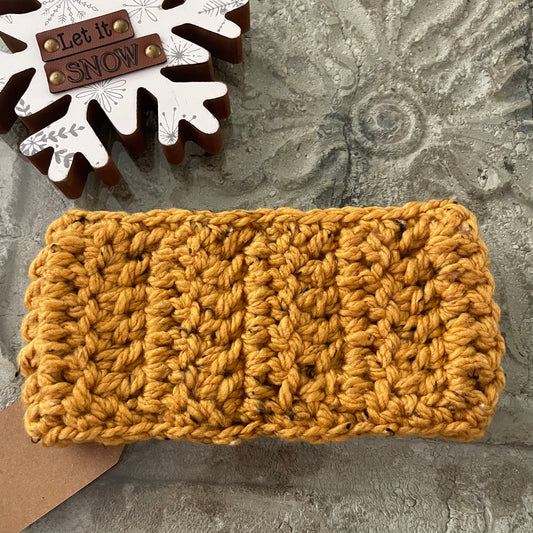 Extra Warm Marbled Sunflower Yellow Hand Crocheted Ear Warmers Wide Band 22" Headband Fall Winter Mustard Outdoor