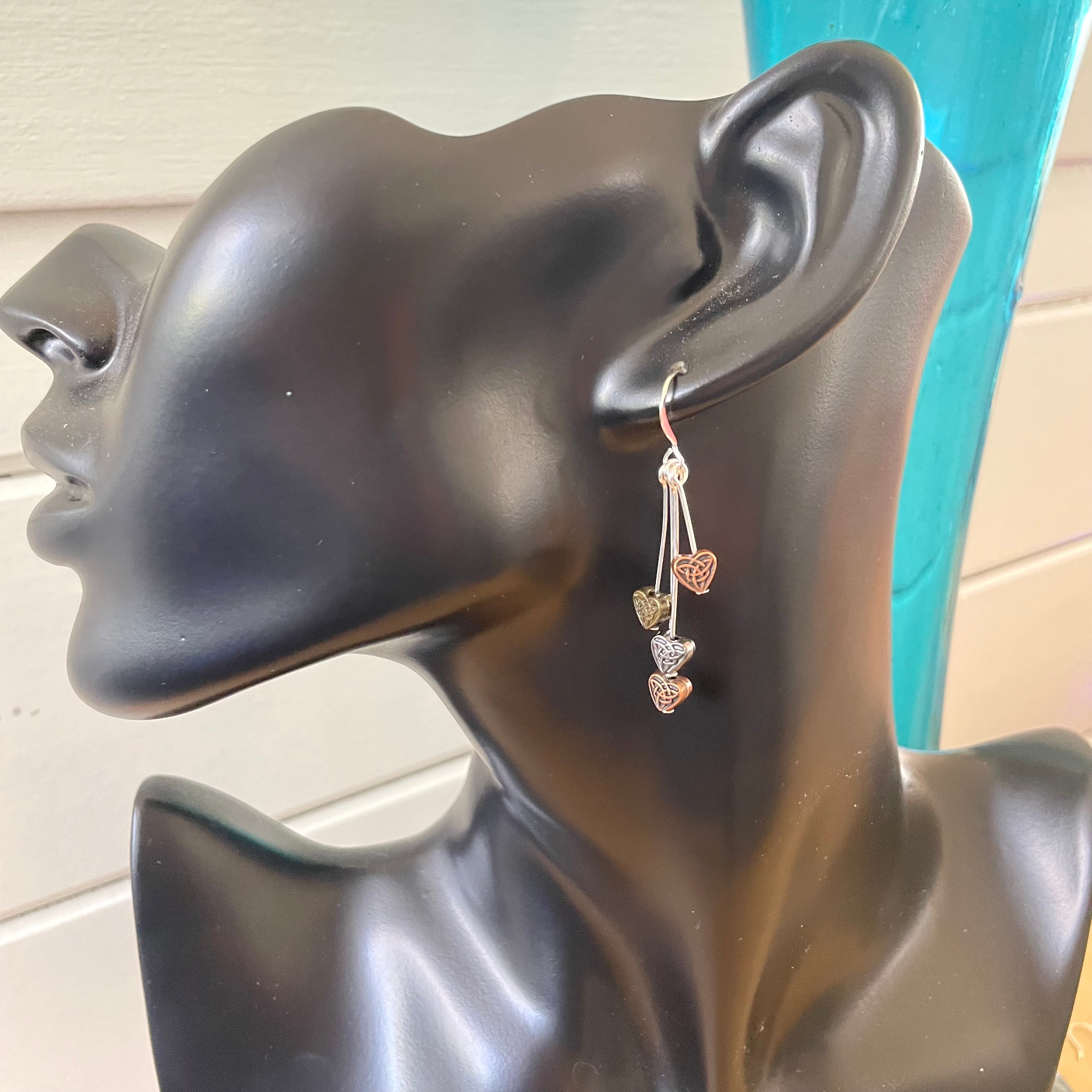 Handmade Dangling Mini Heart Mixed Metal Earrings 2.12" Celtic Knot Brass Copper Silver Plate Gunmetal Casual