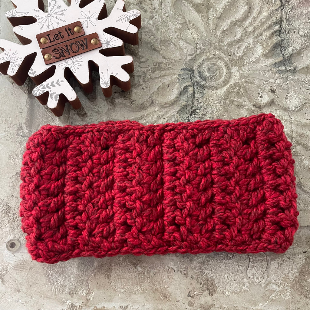 Extra Warm Marbled Red Wine Hand Crocheted Ear Warmers Wide Band 26" Headband Fall Winter Maroon Outdoor
