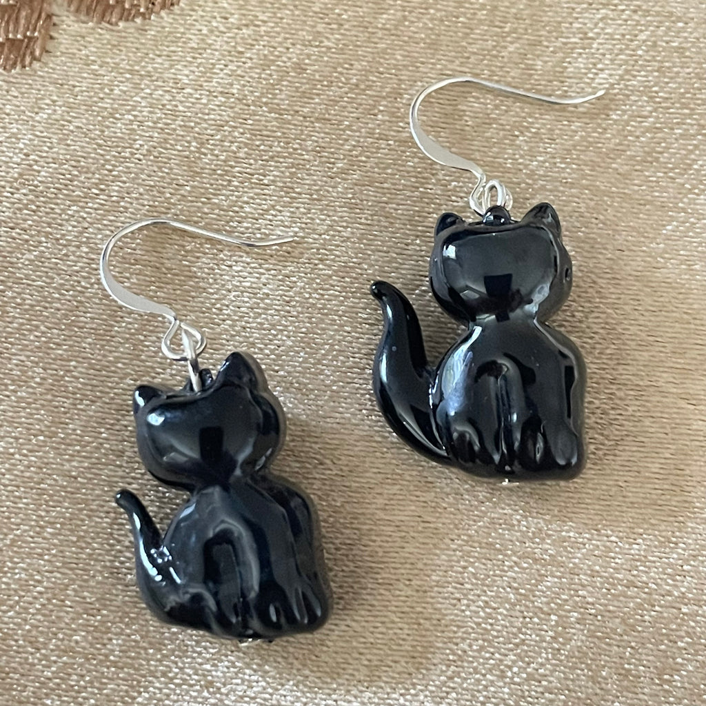 Glass Black Cat Earrings Handmade Casual Dangles Everyday Halloween Women Mom Sister Teacher Gift